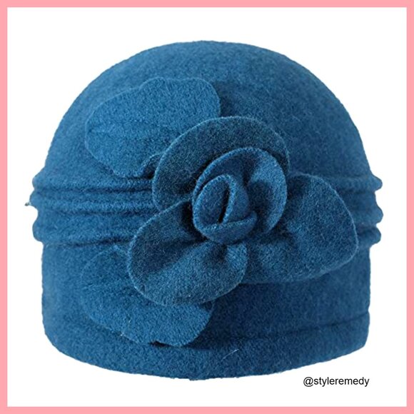 Wool Blend Vintage Cloche Bucket Hat with Stitched Flower Accent